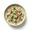 Dicke Bohnen mit Speck gedünstet, in Grundsauce hell/weiß