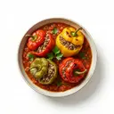 Paprikaschoten mit Hackfleisch-Reisfüllung gedünstet, in Tomatensauce (aus Tomatenmark)