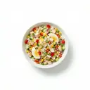 Reissalat bunt, mit Hühnerfleisch, Ei und Mayonnaise