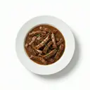 Rinderlebergeschnetzeltes, mit Grundsauce dunkel/braun