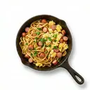 Teigwaren eifrei, gebraten mit Kochwurst und Eiern