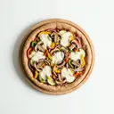 Vollkornpizza mit Tomatensauce, Gemüse, Mozzarella und Champignons